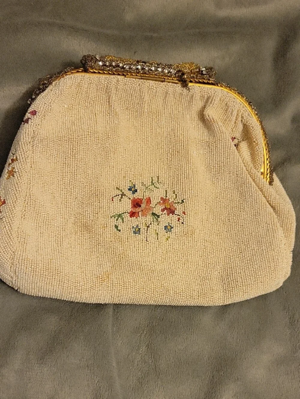 Handmade Vintage Embellished Floral Beaded Handbag - Cream